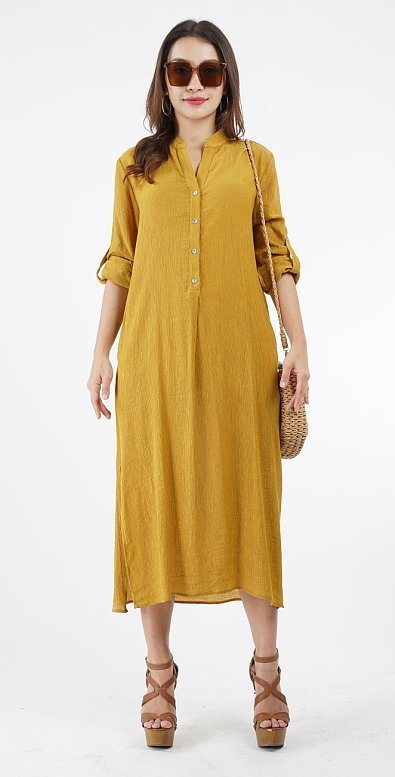 5756D - Pleated Rayon Trapeze Dress long sleeves