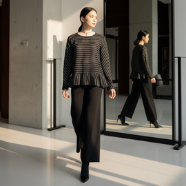 6241B - Wide-Neck Stripes Blouse Long Sleeves