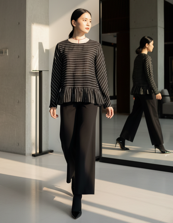 6241B - Wide-Neck Stripes Blouse Long Sleeves