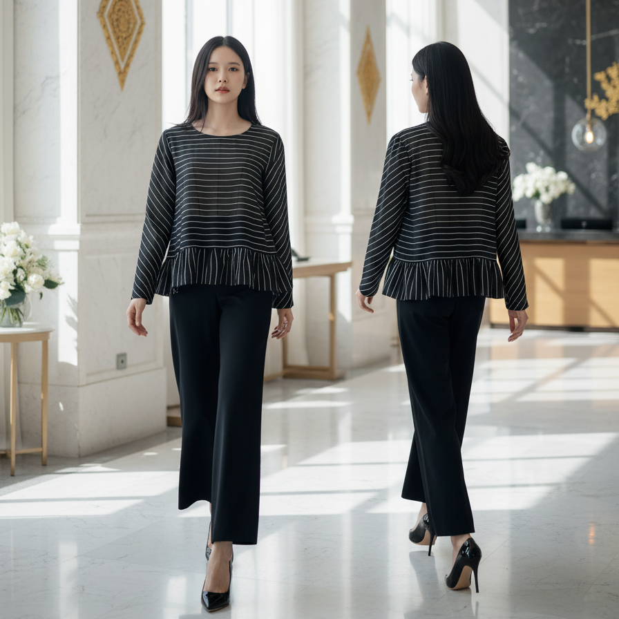 6241B - Wide-Neck Stripes Blouse Long Sleeves