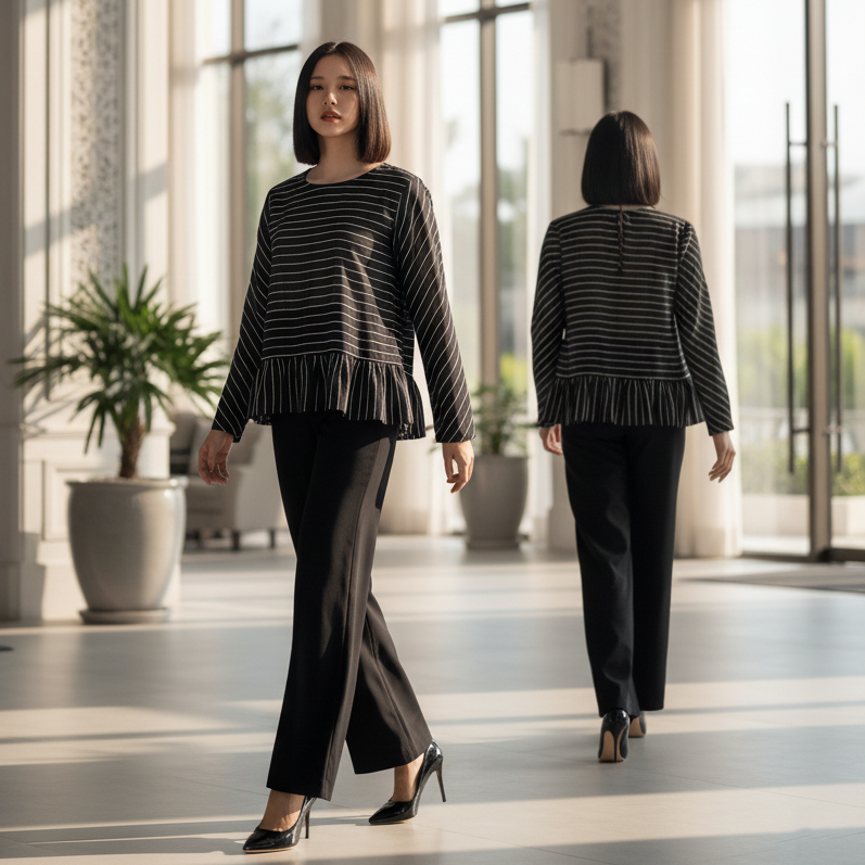 6241B - Wide-Neck Stripes Blouse Long Sleeves