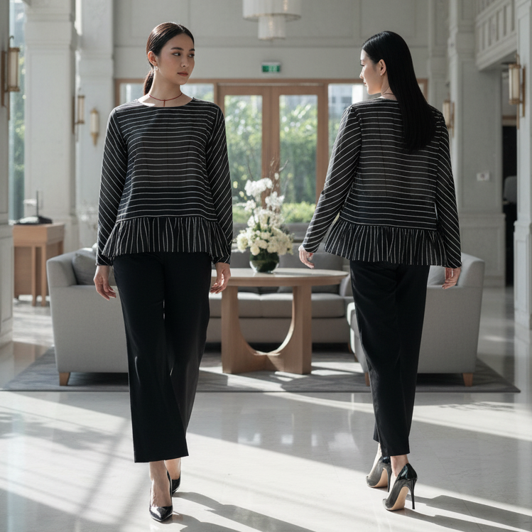6241B - Wide-Neck Stripes Blouse Long Sleeves
