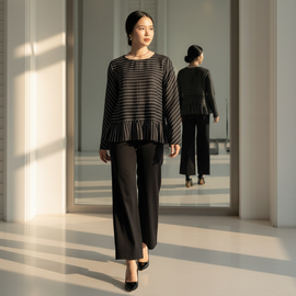 6241B - Wide-Neck Stripes Blouse Long Sleeves