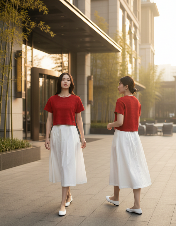 CROP 6616B Round Neck Crop Top 3D knitted Short Sleeves