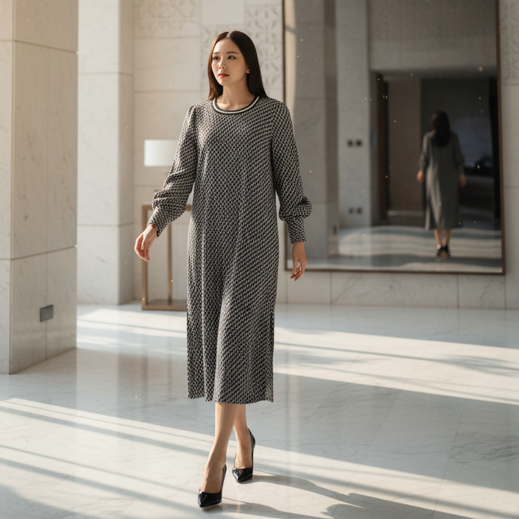 6467D - Round Deep Neck L/S Shift Dress