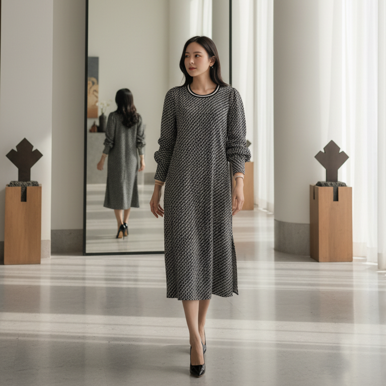 6467D - Round Deep Neck L/S Shift Dress