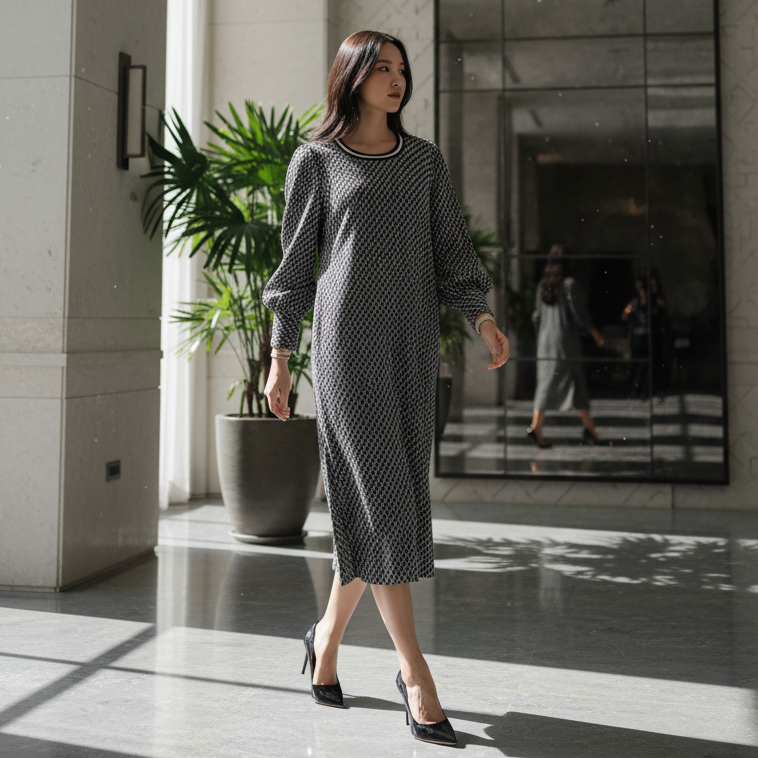6467D - Round Deep Neck L/S Shift Dress