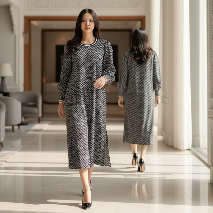 6467D - Round Deep Neck L/S Shift Dress