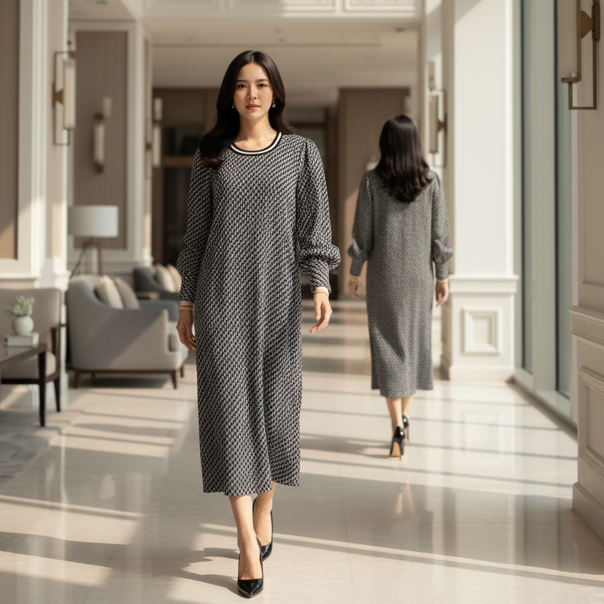 6467D - Round Deep Neck L/S Shift Dress