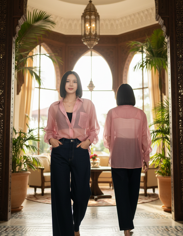 TOP 6656B Chiffon Blouses Shirt Long Sleeves Cruve Hem