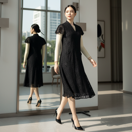 6602D - V-Neck Flower Lace A-Line Dress short sleeves.