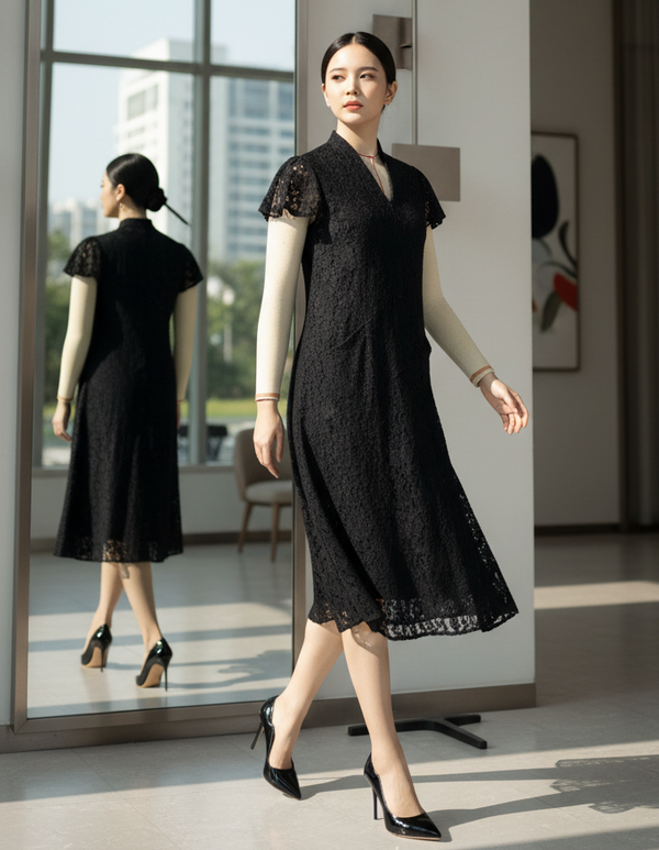 6602D - V-Neck Flower Lace A-Line Dress short sleeves.