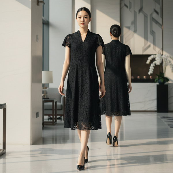 6602D - V-Neck Flower Lace A-Line Dress short sleeves.