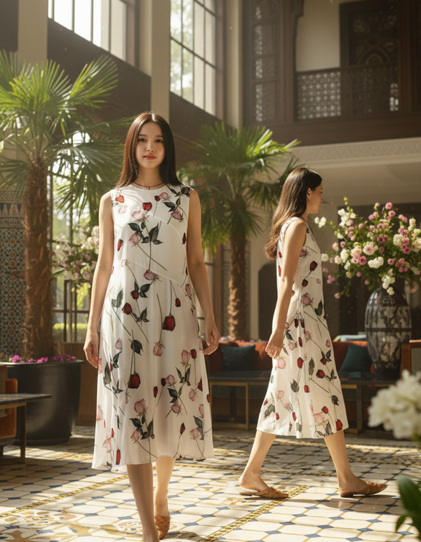 DRESS 6782D Sleevesless Round-Neck Rose Dress