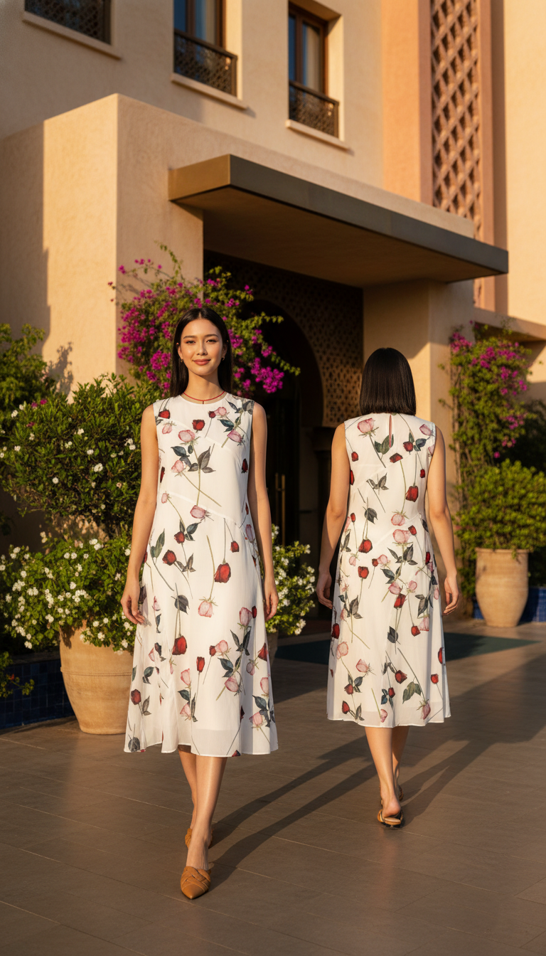 DRESS 6782D Sleevesless Round-Neck Rose Dress