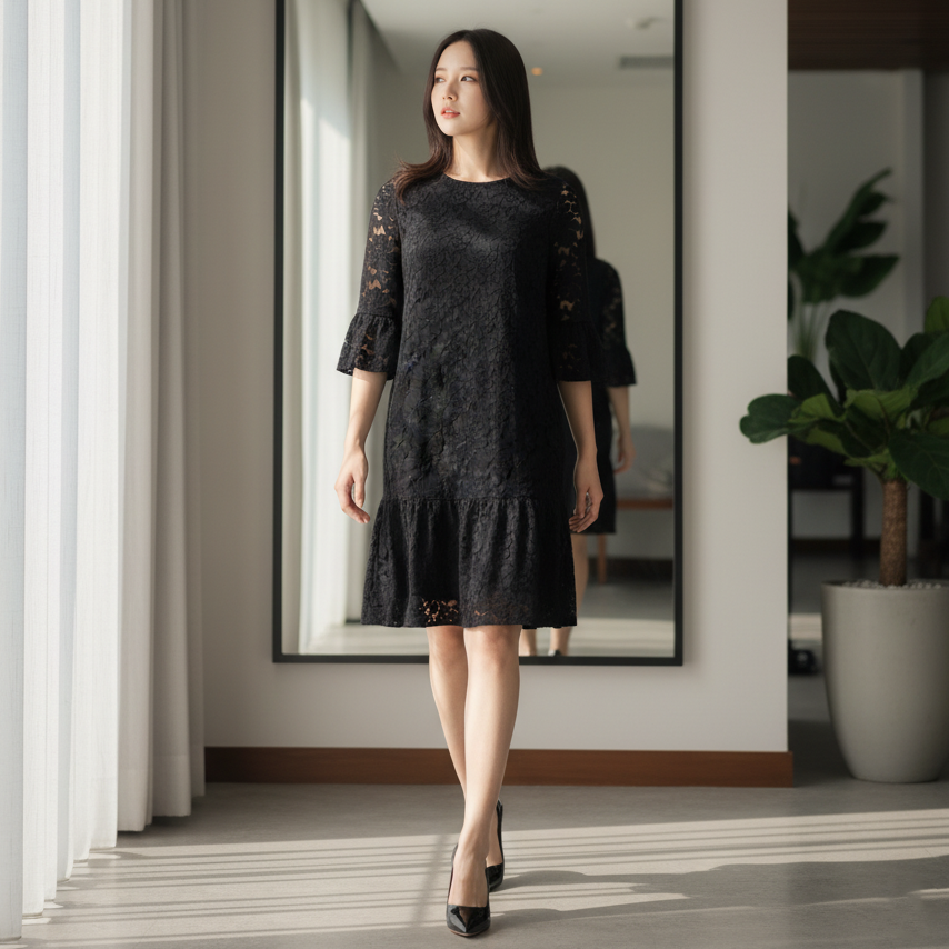 6601D - Round Neck Lace Dress with 3/4 bell sleeves
