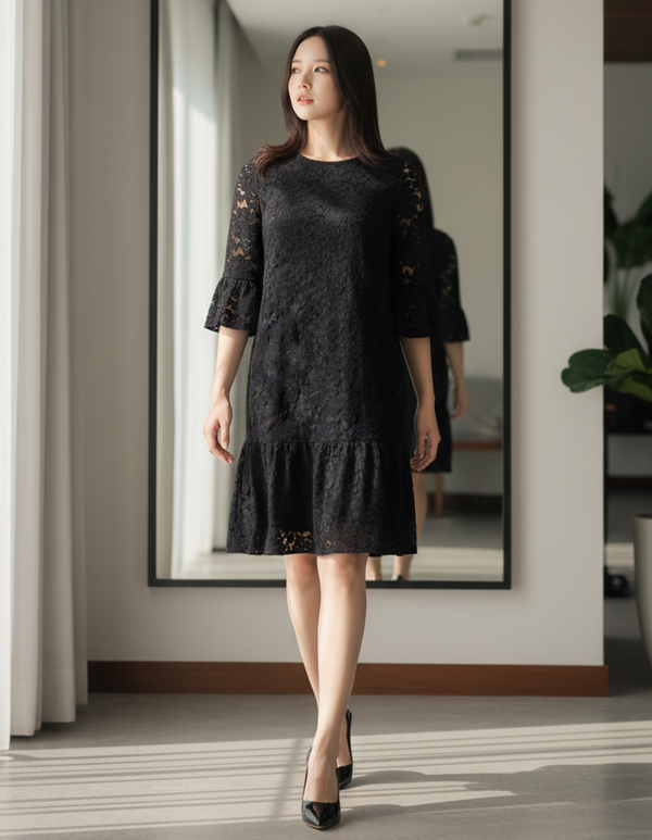 6601D - Round Neck Lace Dress with 3/4 bell sleeves