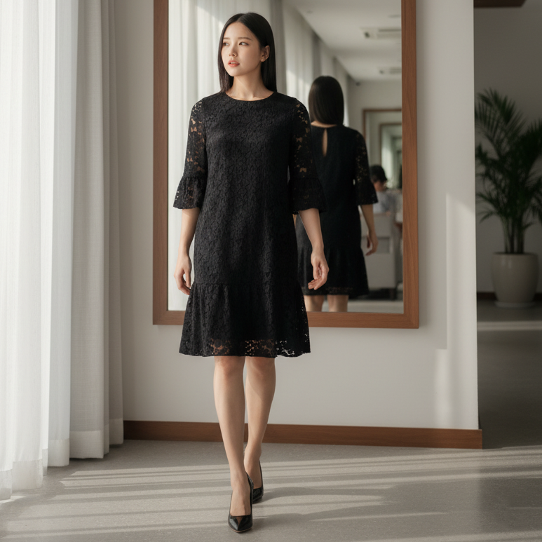 6601D - Round Neck Lace Dress with 3/4 bell sleeves