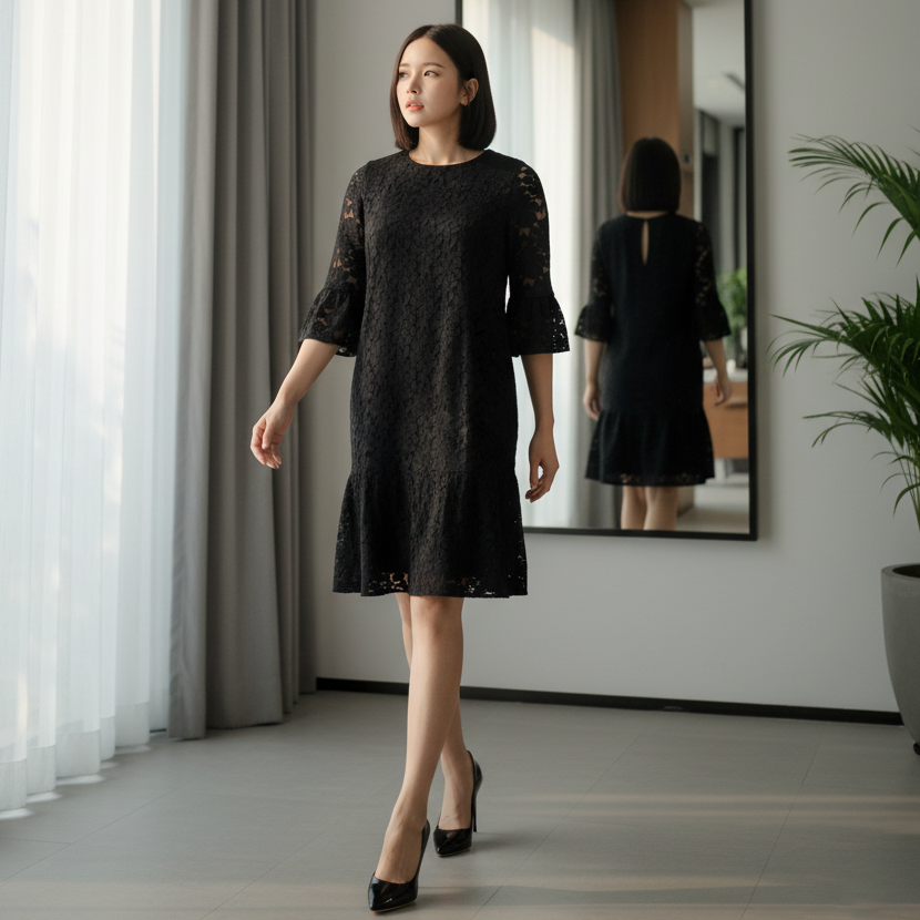 6601D - Round Neck Lace Dress with 3/4 bell sleeves