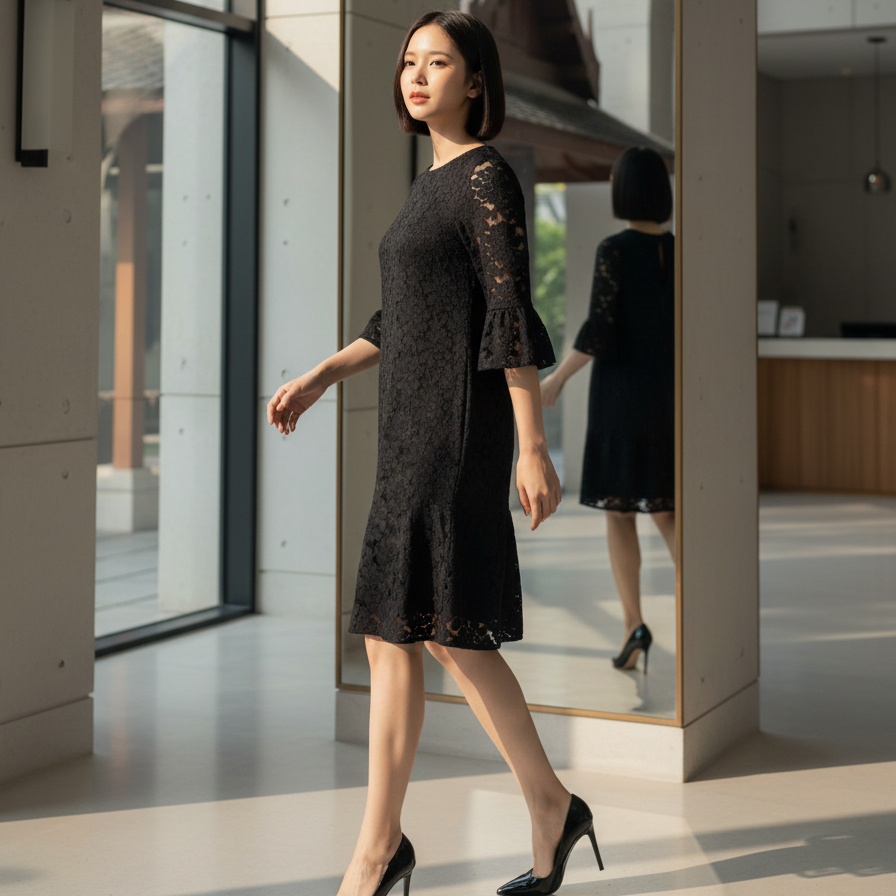 6601D - Round Neck Lace Dress with 3/4 bell sleeves