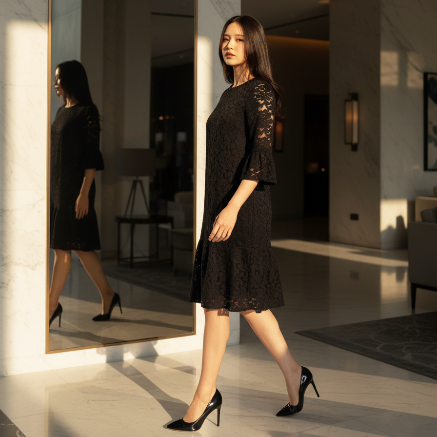 6601D - Round Neck Lace Dress with 3/4 bell sleeves
