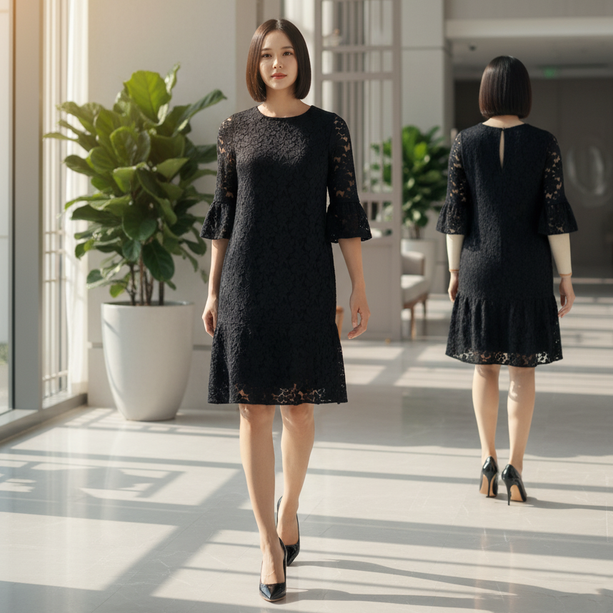 6601D - Round Neck Lace Dress with 3/4 bell sleeves