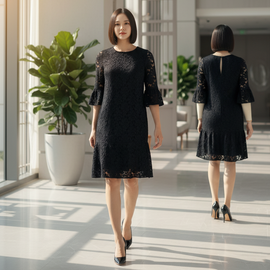 6601D - Round Neck Lace Dress with 3/4 bell sleeves