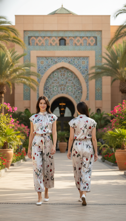 CROP 6785B Cap-Sleeved Satin Crop Top printed Rose pattern