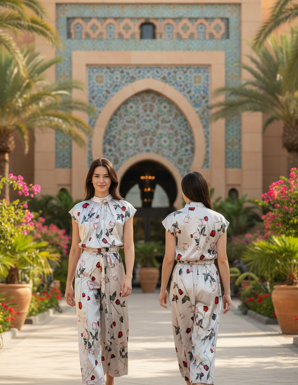 CROP 6785B Cap-Sleeved Satin Crop Top printed Rose pattern