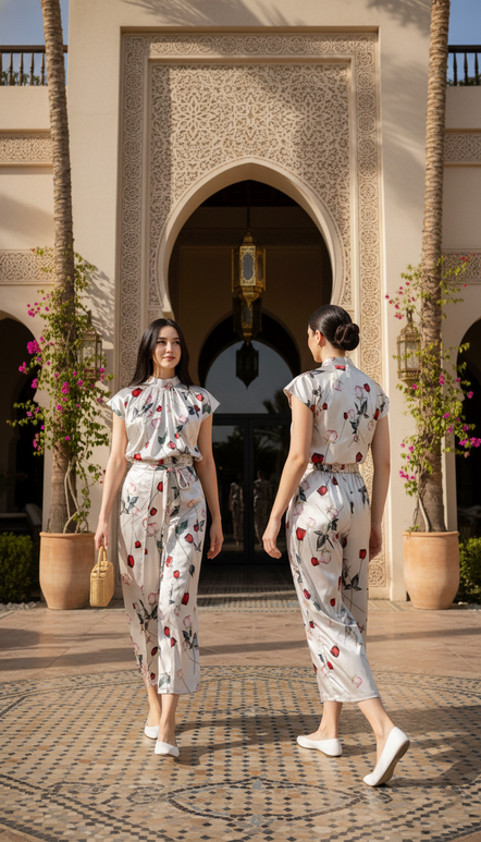 PANTS 6784P Wide Leg Satin Pants with Bow tie strap in Rose flower