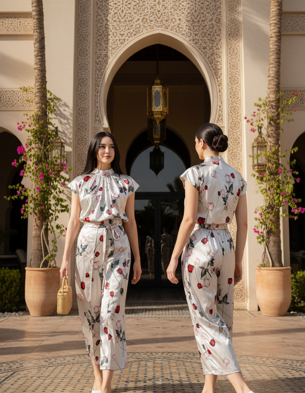 PANTS 6784P Wide Leg Satin Pants with Bow tie strap in Rose flower