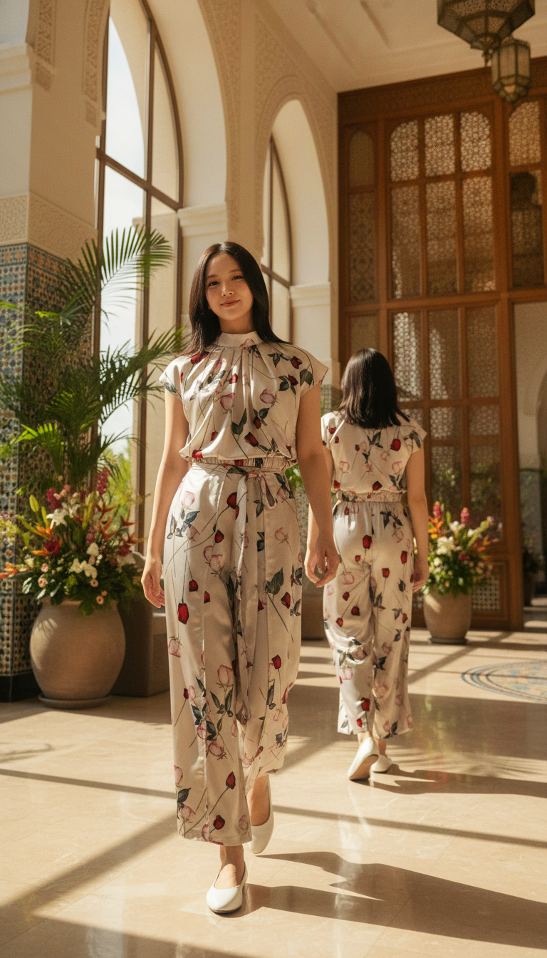 PANTS 6784P Wide Leg Satin Pants with Bow tie strap in Rose flower