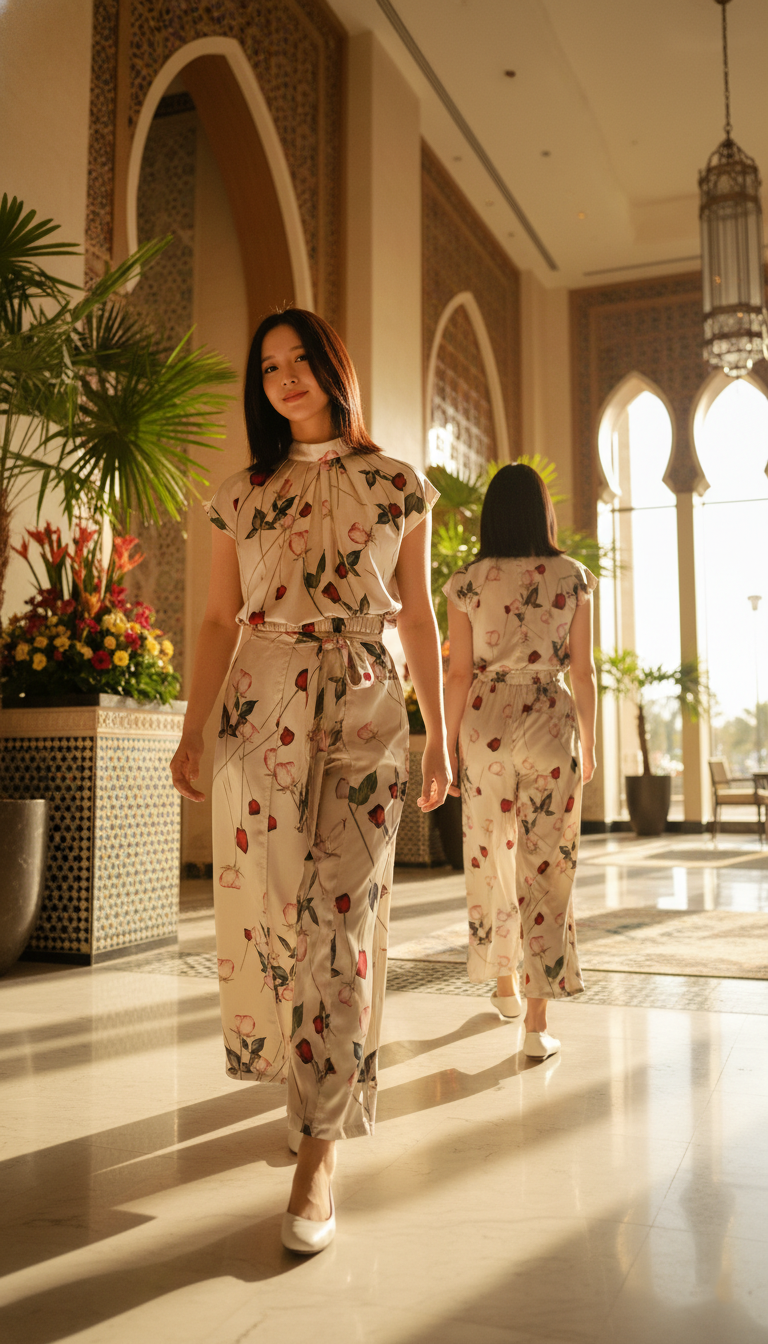 PANTS 6784P Wide Leg Satin Pants with Bow tie strap in Rose flower