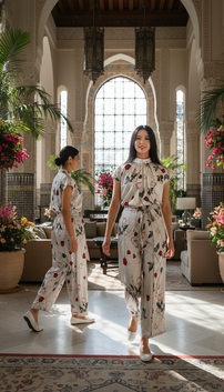 PANTS 6784P Wide Leg Satin Pants with Bow tie strap in Rose flower