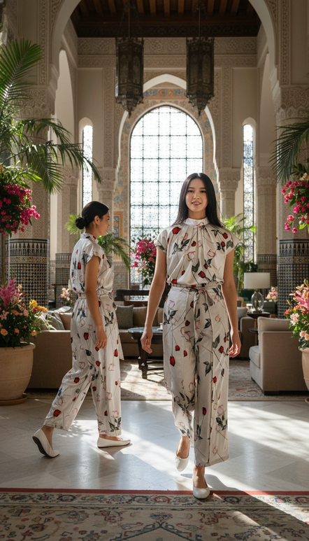 PANTS 6784P Wide Leg Satin Pants with Bow tie strap in Rose flower