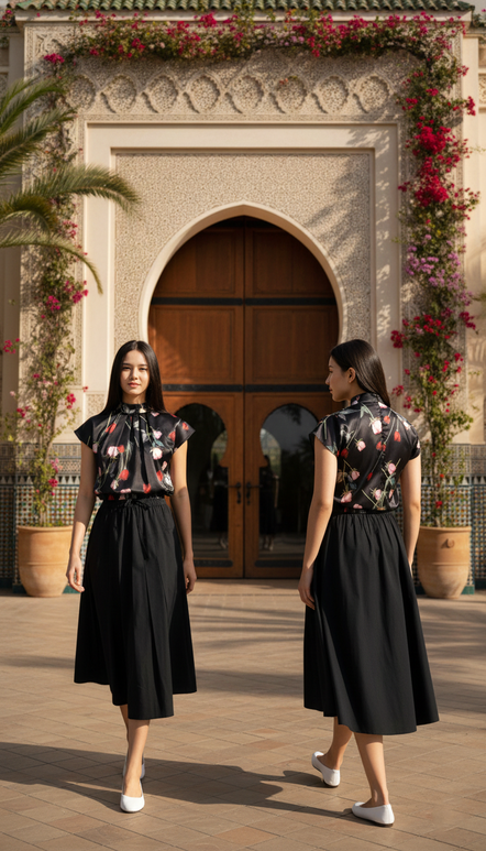 CROP 6785B Cap-Sleeved Satin Crop Top printed Rose pattern