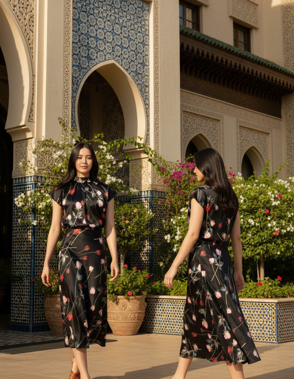 SKIRT 6786K Long Satin Skirt with Rose printing