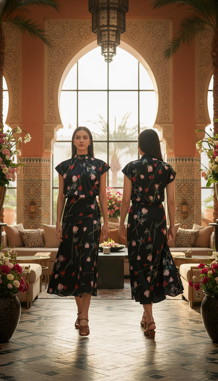 SKIRT 6786K Long Satin Skirt with Rose printing