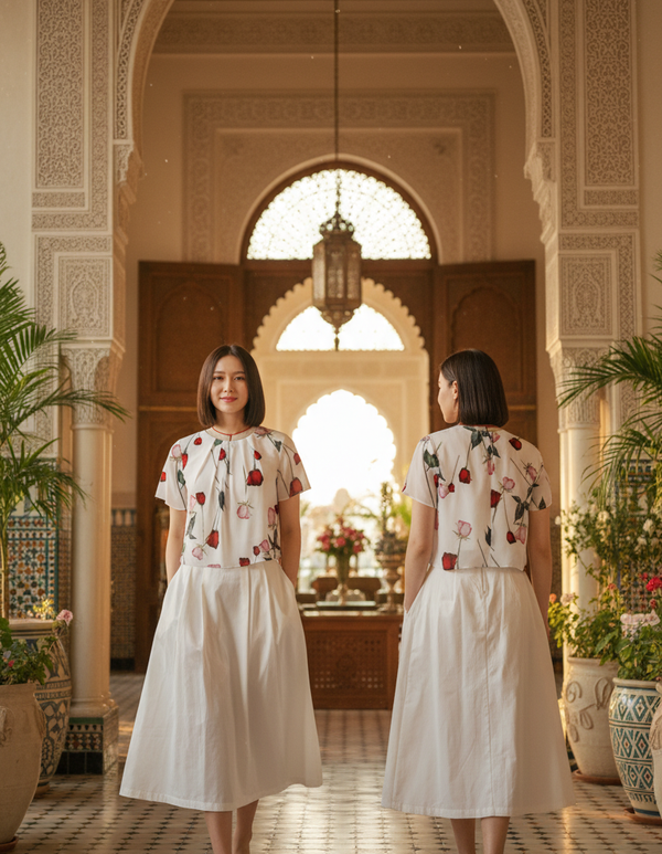 CROP 6783B Chiffon Wide Neck Crop Short Sleeves in Rose flower