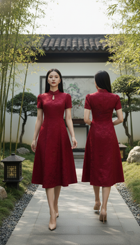 DRESS 6560D - Blooming Rose Jacquard A-Line Puffed sleeves Dress