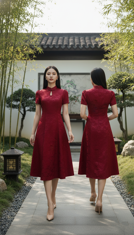 DRESS 6560D - Blooming Rose Jacquard A-Line Puffed sleeves Dress