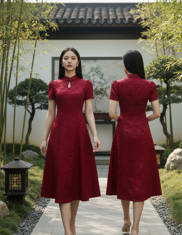 DRESS 6560D - Blooming Rose Jacquard A-Line Puffed sleeves Dress