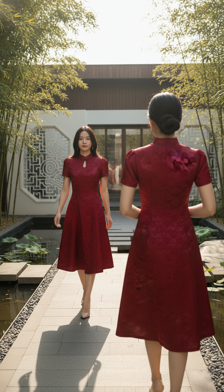 DRESS 6560D - Blooming Rose Jacquard A-Line Puffed sleeves Dress