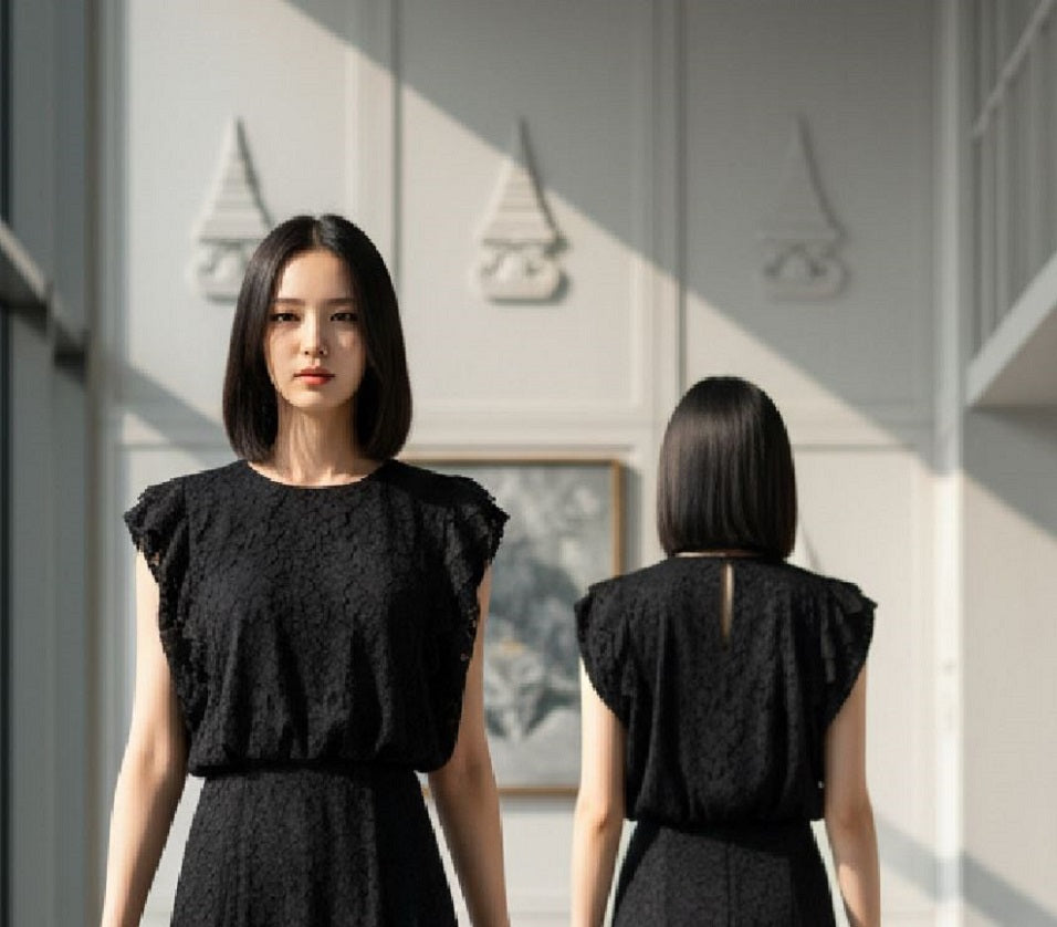 6599B - Round-Neck Flower Lace Blouse with Butterfly sleeves