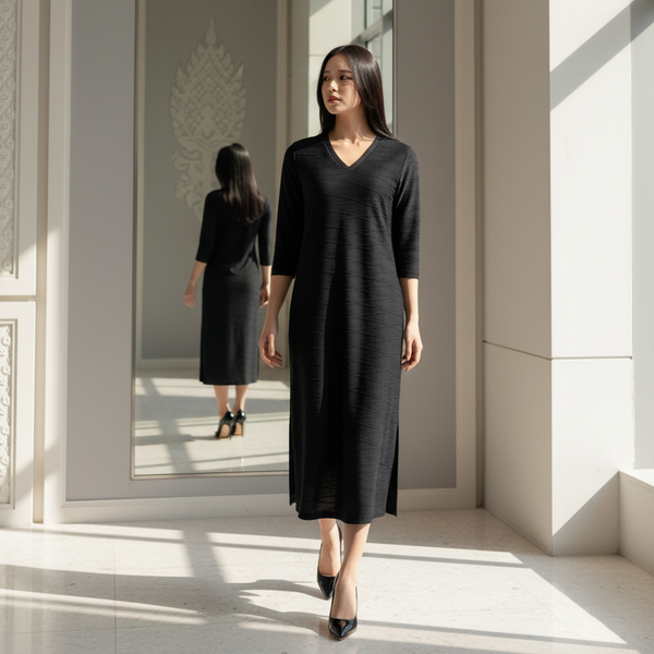 6463D - Emboss Shift Dress, 3/4 Sleeves