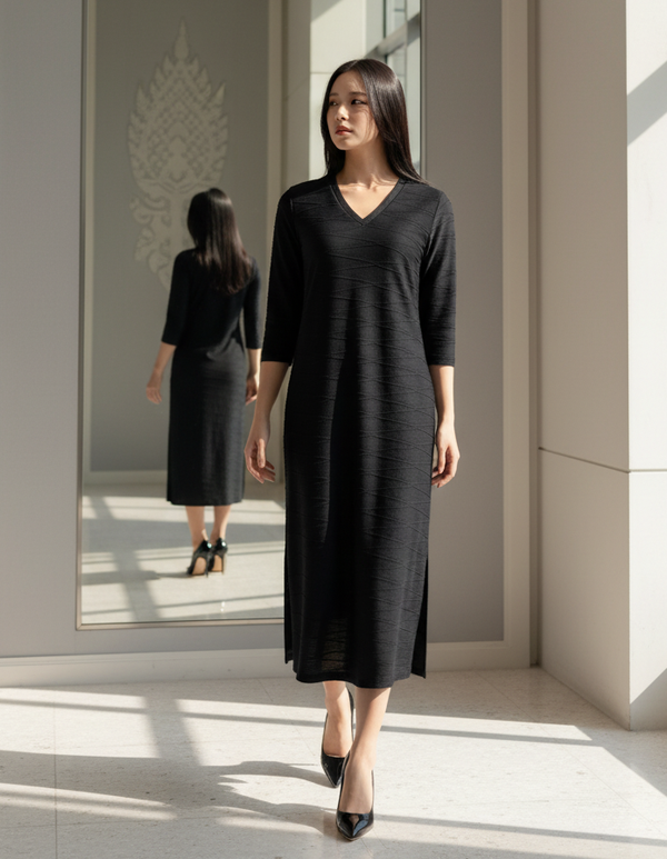 6463D - Emboss Shift Dress, 3/4 Sleeves