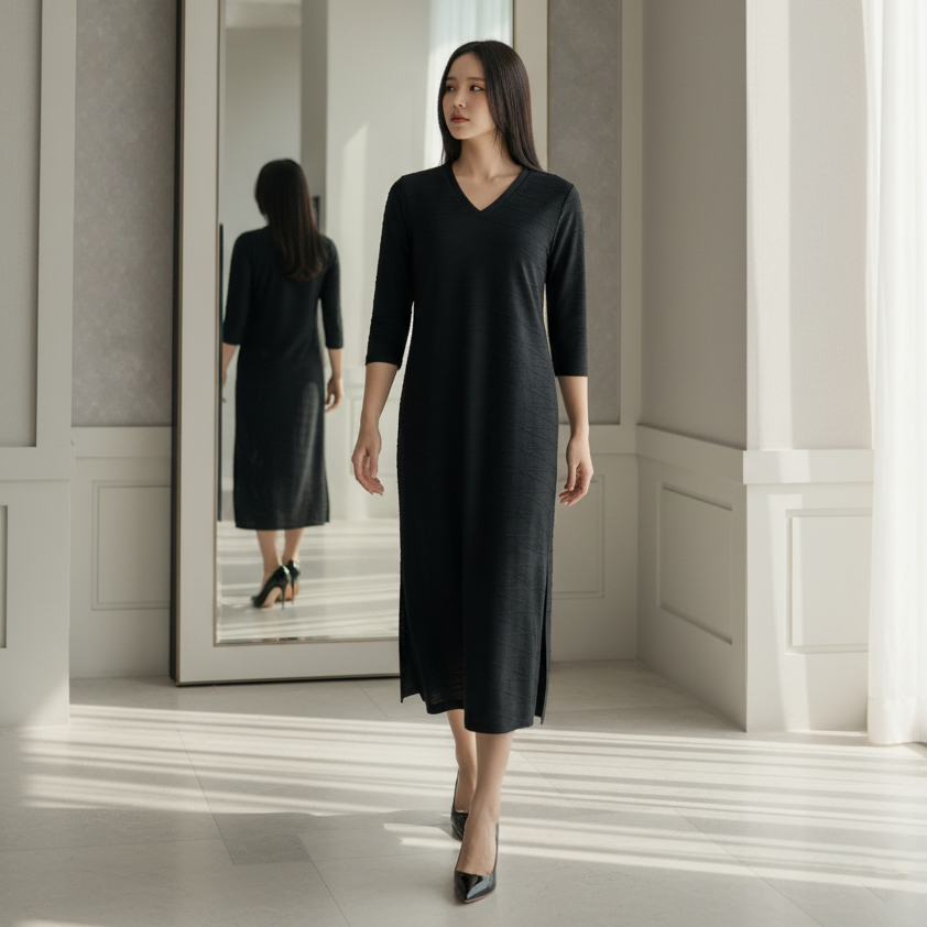 6463D - Emboss Shift Dress, 3/4 Sleeves