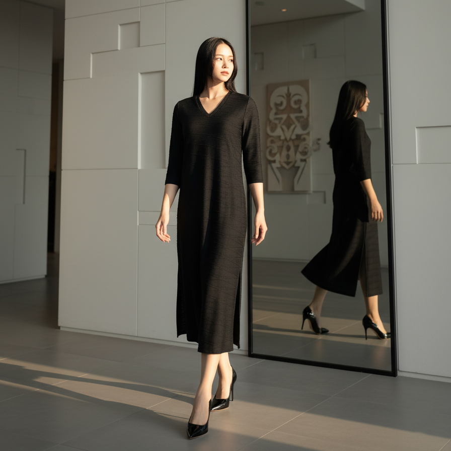 6463D - Emboss Shift Dress, 3/4 Sleeves