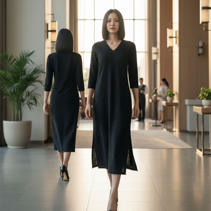 6463D - Emboss Shift Dress, 3/4 Sleeves
