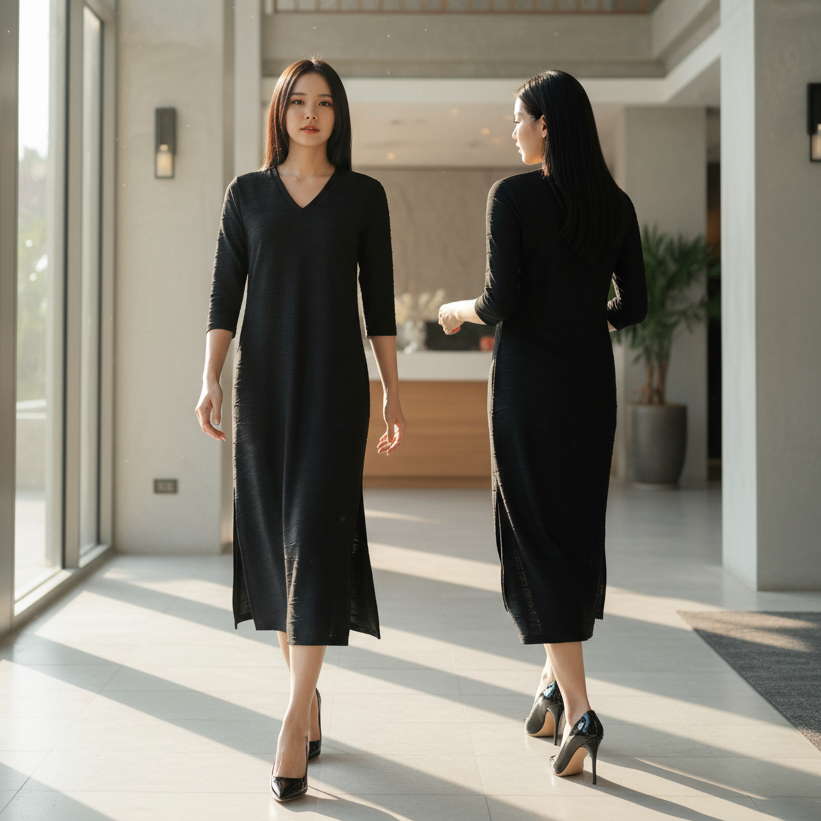 6463D - Emboss Shift Dress, 3/4 Sleeves